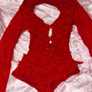 Red Lace Long-Sleeve Bodysuit Romper - festival